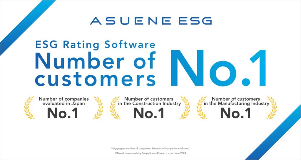 “Asuene ESG” an ESG evaluation cloud service,  holds the No.1 market share in Japan with over 14,000 customers. Also ranked No.1 in the construction and manufacturing Industries.