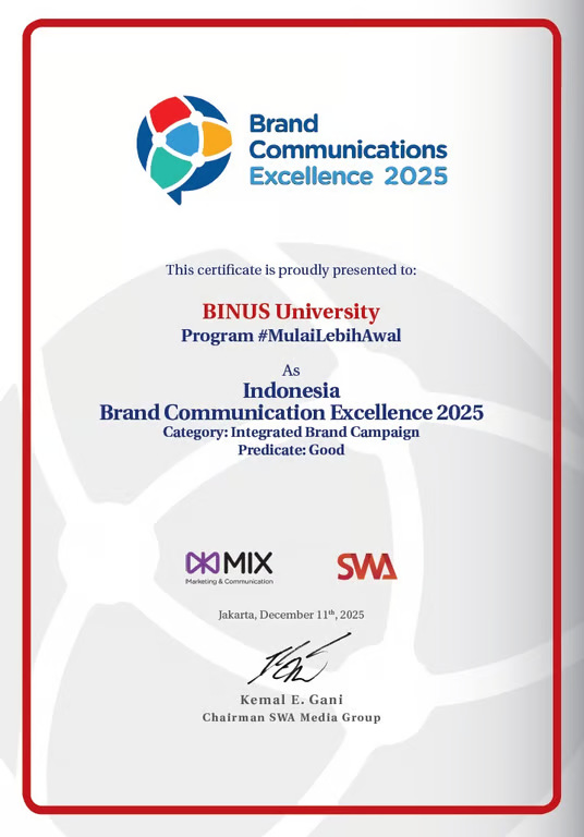 Brand Communication BINUS UNIVERSITY Raih Pengakuan dari Majalah MIX MarComm dari SWA Media Group “Indonesia Brand Communication Excellence 2025”